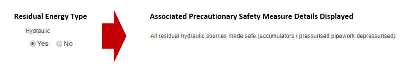 How does the Residual Energy Sources section work in the Precautionary Safety Measures section for machinery isolation in the EQMT Isolation tab, in OHS Online?