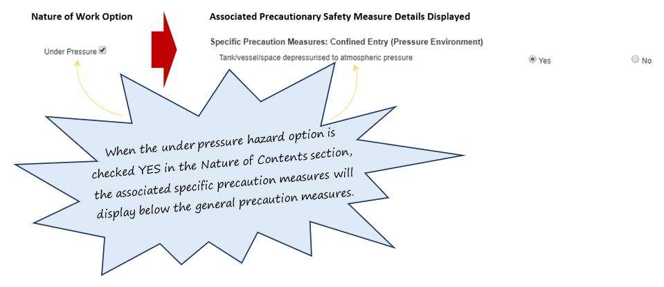 How do I complete the Precautionary Safety Measures section of the Confined tab in the PTW system, in OHS Online?