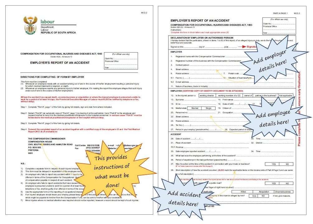 In OHS Online, what is a W.Cl.2 – Employer’s Report of an Accident form and how do I use it?