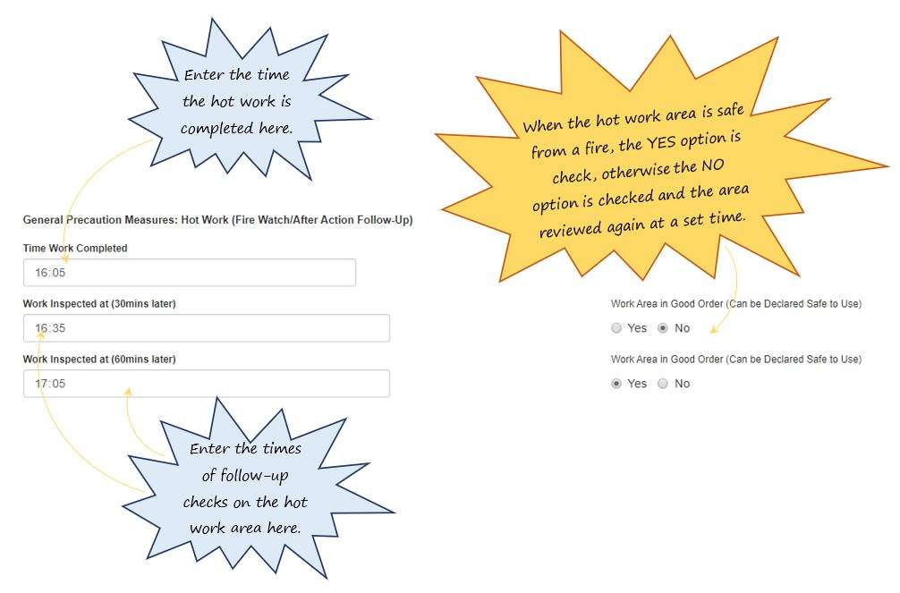 How do I complete the Precautionary Safety Measures section of the Hot Work tab in the PTW system, in OHS Online? How do I complete the Precautionary Safety Measures section of the Hot Work tab in the PTW system, in OHS Online?