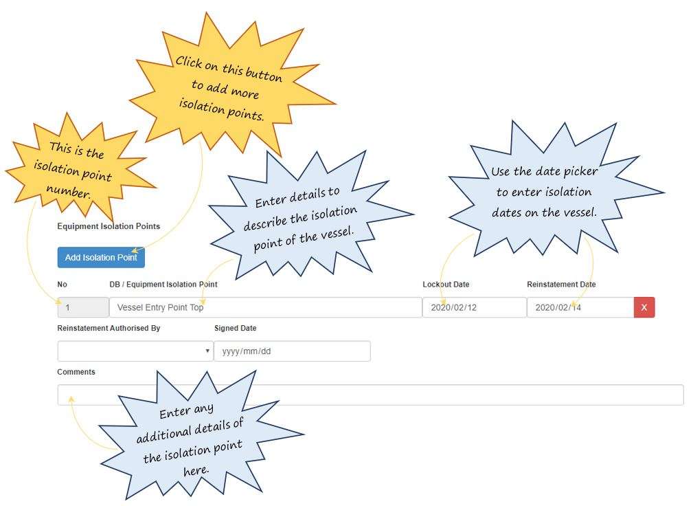 In OHS Online, how do I complete the Vessel Isolation Details section in the vessel specific precautions section in the Confined tab? In OHS Online, how do I complete the Vessel Isolation Details section in the vessel specific precautions section in the Confined tab?