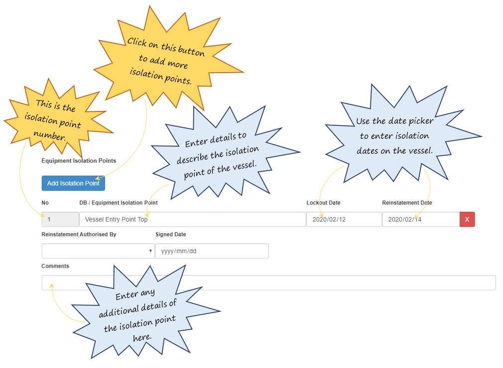 How do I complete the Vessel Isolation Details section in the vessel specific precautions section in the Hot Work tab, in OHS Online? How do I complete the Vessel Isolation Details section in the vessel specific precautions section in the Hot Work tab, in OHS Online?