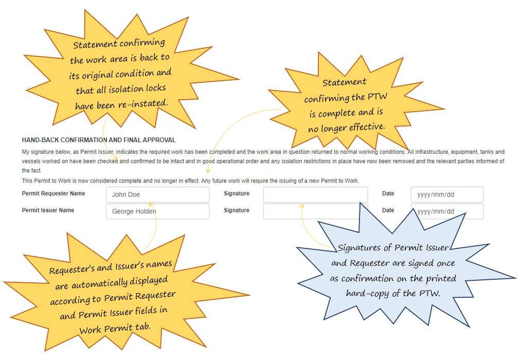In OHS Online, how do I complete the Hand-back Confirmation and Final Approval section in the Hand-back and Acceptance section of the Approve tab? In OHS Online, how do I complete the Hand-back Confirmation and Final Approval section in the Hand-back and Acceptance section of the Approve tab?
