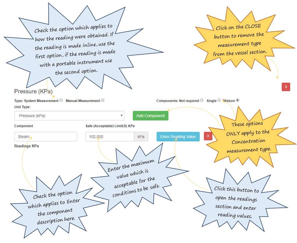In OHS Online, how do I complete a pressure measurement type in the Measurement Details section in the vessel specific precautions section? In OHS Online, how do I complete a pressure measurement type in the Measurement Details section in the vessel specific precautions section?