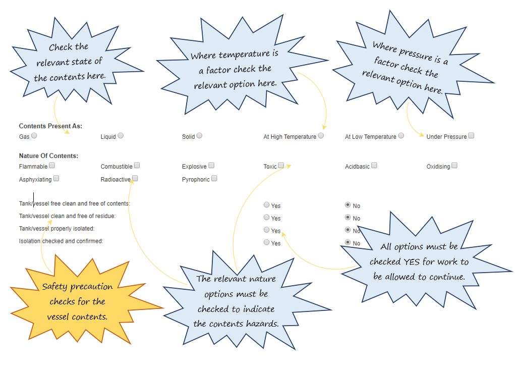 In OHS Online, how do I complete the Vessel Details section in the vessel specific precautions section in the Confined tab? In OHS Online, how do I complete the Vessel Details section in the vessel specific precautions section in the Confined tab?