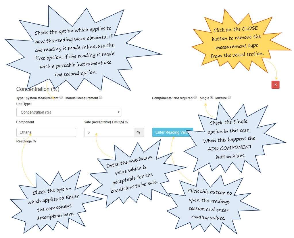 In OHS Online, how do I complete a concentration measurement type for a single component in the Measurement Details section in the vessel specific precautions section? In OHS Online, how do I complete a concentration measurement type for a single component in the Measurement Details section in the vessel specific precautions section?