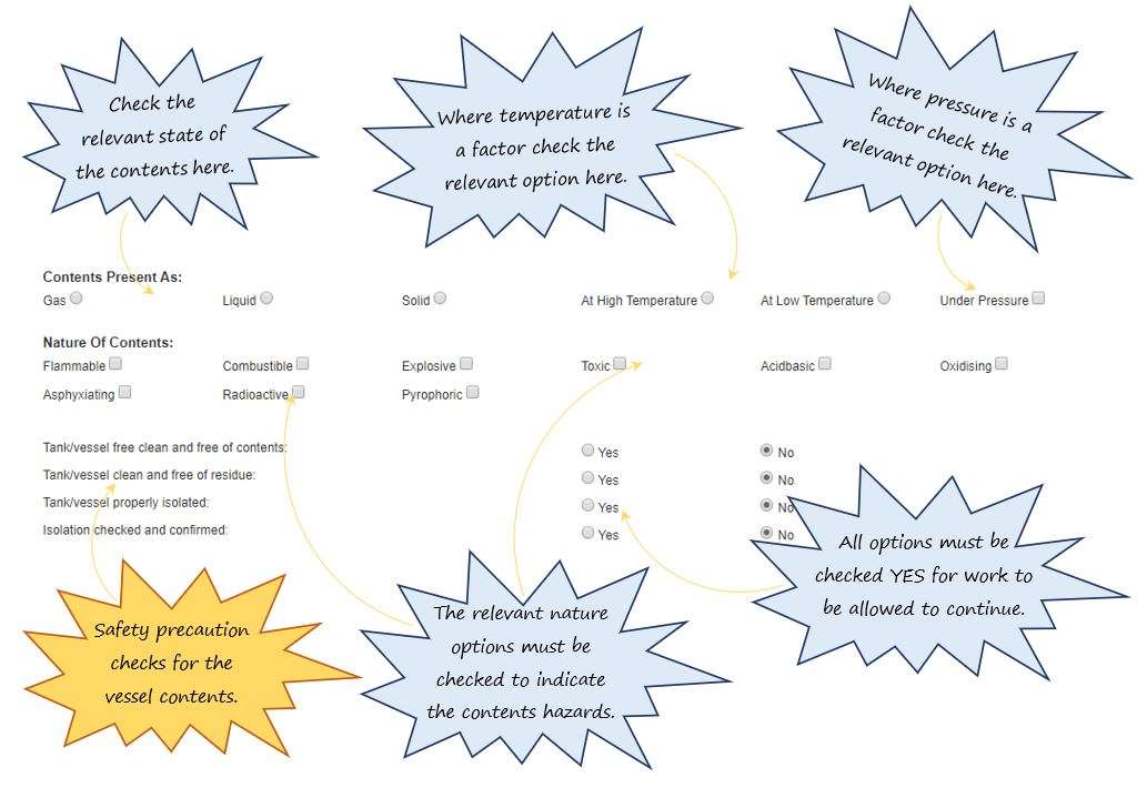 In OHS Online, how do I complete the Vessel Details section in the vessel specific precautions section in the Hot Work tab? In OHS Online, how do I complete the Vessel Details section in the vessel specific precautions section in the Hot Work tab?