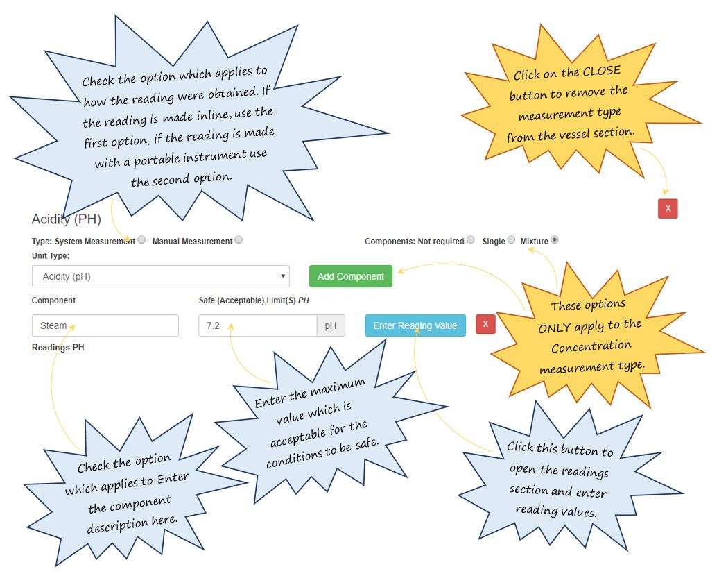 In OHS Online, how do I complete an acidity measurement type in the Measurement Details section in the vessel specific precautions section? In OHS Online, how do I complete an acidity measurement type in the Measurement Details section in the vessel specific precautions section?