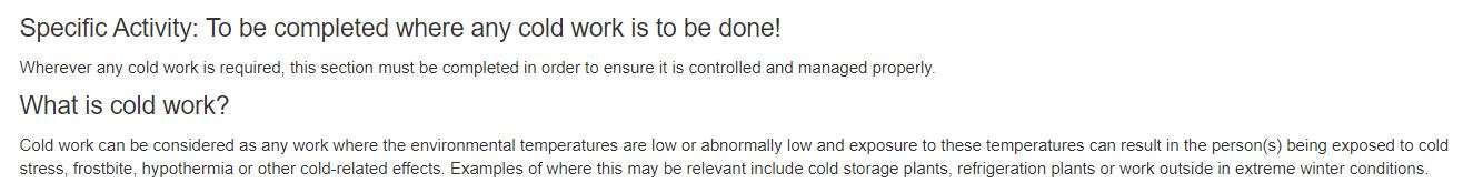What is the Cold Work tab in the PTW on OHS Online? What is the Cold Work tab in the PTW on OHS Online?