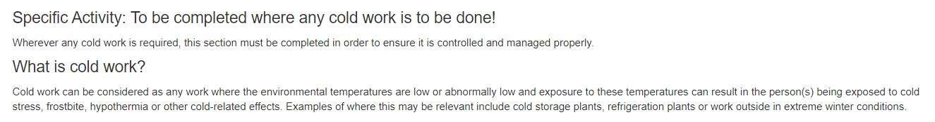 What is the Cold Work tab in the PTW on OHS Online?