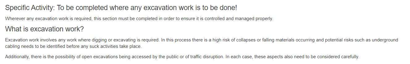 What is the Excavation tab in the PTW on OHS Online? What is the Excavation tab in the PTW on OHS Online?