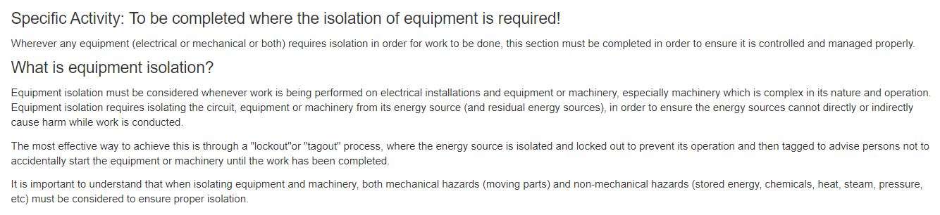 What is the EQMT Isolation tab in the PTW on OHS Online? What is the EQMT Isolation tab in the PTW on OHS Online?