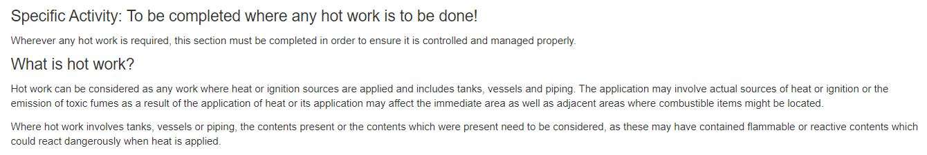 What is the Hot Work tab in the PTW on OHS Online? What is the Hot Work tab in the PTW on OHS Online?