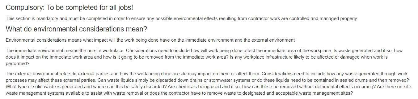 What is the Environmental tab in the PTW on OHS Online? What is the Environmental tab in the PTW on OHS Online?
