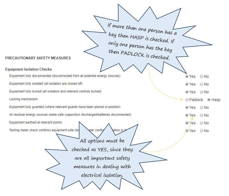 How do I complete the Precautionary Safety Measures section for electrical isolation in the EQMT Isolation tab, in OHS Online? How do I complete the Precautionary Safety Measures section for electrical isolation in the EQMT Isolation tab, in OHS Online?