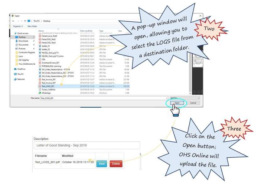 How do I upload a new Letter of Good Standing file to my Letter of Good Standing register do in OHS Online?