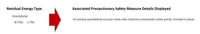 How does the Residual Energy Sources section work in the Precautionary Safety Measures section for machinery isolation in the EQMT Isolation tab, in OHS Online?