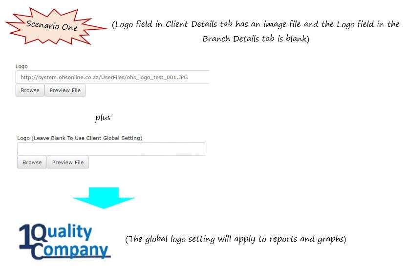 What happens if I have my company logo in the Client Details tab and in the Branch Details tab Logo fields in OHS Online?