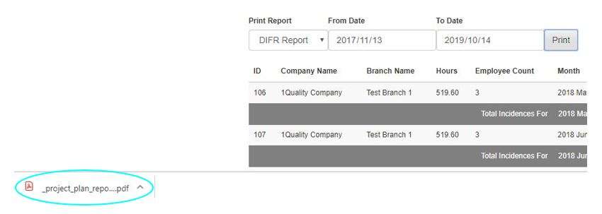 How do I print my DIFR report in the Hours Worked register in OHS Online?