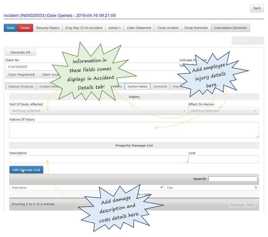 How does the Injury /Damage Details tab work in the Incidents section in OHS Online? How does the Injury /Damage Details tab work in the Incidents section in OHS Online?