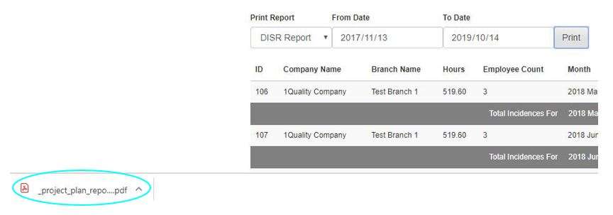 How do I print my DISR report in the Hours Worked register in OHS Online?