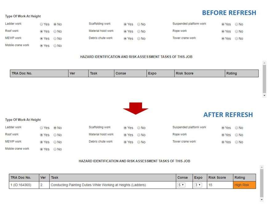 Can you give me an example of where refreshing the webpages would be important in the Permit to Work (PTW), in OHS Online? Can you give me an example of where refreshing the webpages would be important in the Permit to Work (PTW), in OHS Online?