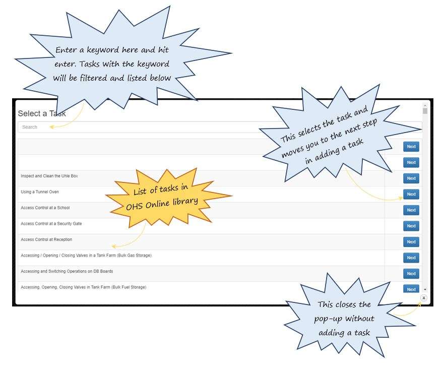 In OHS Online, how do I add a task to my risk assessment from the OHS Online task library? In OHS Online, how do I add a task to my risk assessment from the OHS Online task library?