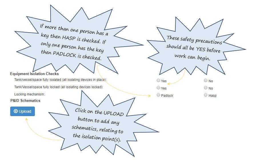 In OHS Online, how do I complete the Vessel Isolation Details section in the vessel specific precautions section in the Confined tab? In OHS Online, how do I complete the Vessel Isolation Details section in the vessel specific precautions section in the Confined tab?