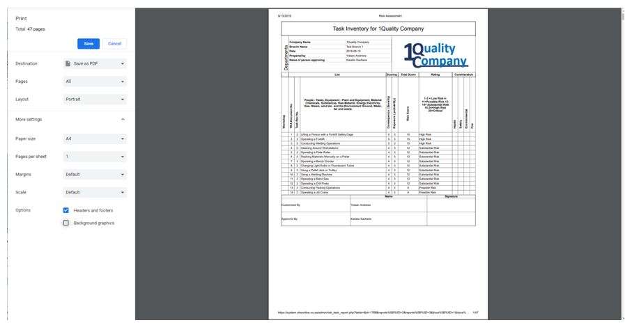 When I print my Task Inventory of my risk assessment from OHS Online to PDF, the tasks don’t show any colour. What has happened? When I print my Task Inventory of my risk assessment from OHS Online to PDF, the tasks don’t show any colour. What has happened?