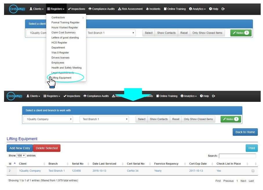 How do I access the Lifting Equipment register in OHS Online? How do I access the Lifting Equipment register in OHS Online?