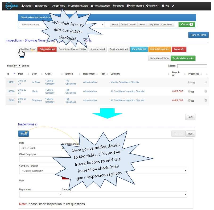 How do I add a new inspection checklist to my Inspection register in OHS Online? How do I add a new inspection checklist to my Inspection register in OHS Online?