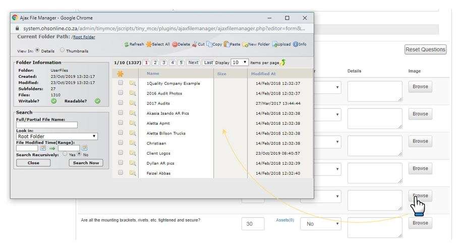 In OHS Online, what does the Browse button do in an inspection checklist? In OHS Online, what does the Browse button do in an inspection checklist?