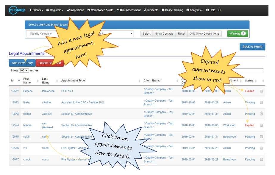 What does the Legal Appointments register do in OHS Online? What does the Legal Appointments register do in OHS Online?