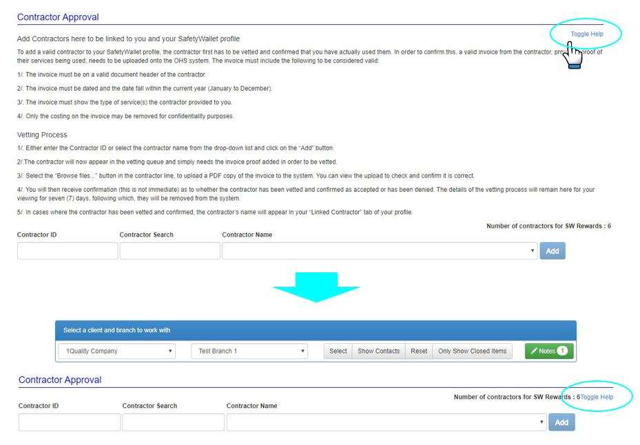 Is there a way to hide the instruction sections in the Contractor Approval page in OHS Online? Is there a way to hide the instruction sections in the Contractor Approval page in OHS Online?