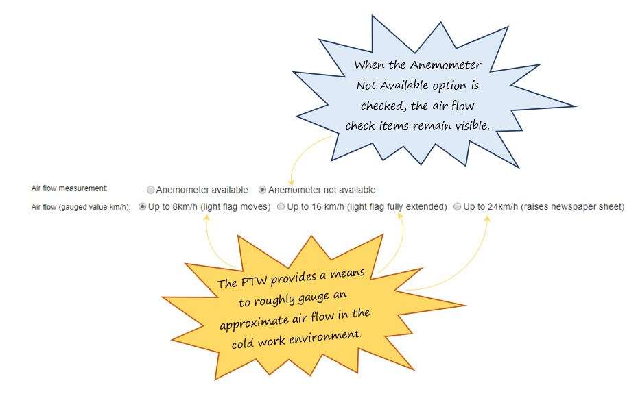 How does the airflow measurement check option work in the Work Environment section of the Cold Work tab, in OHS Online? How does the airflow measurement check option work in the Work Environment section of the Cold Work tab, in OHS Online?