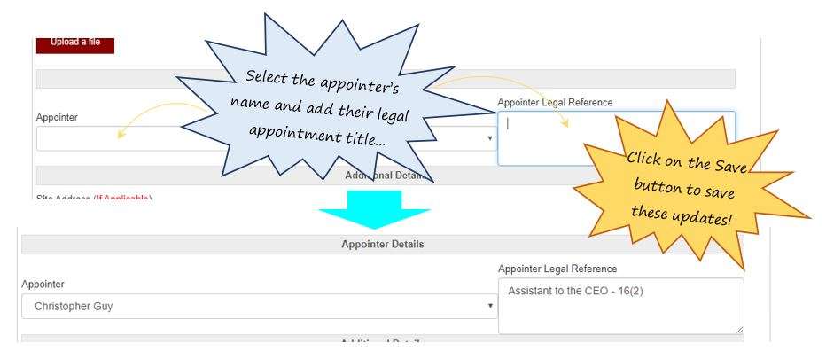 How do I create a new appointment in the Legal Appointments register in OHS Online?