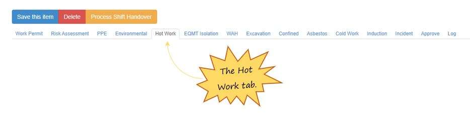 What is the Hot Work tab in the PTW on OHS Online?