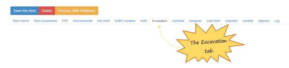 What is the Excavation tab in the PTW on OHS Online?