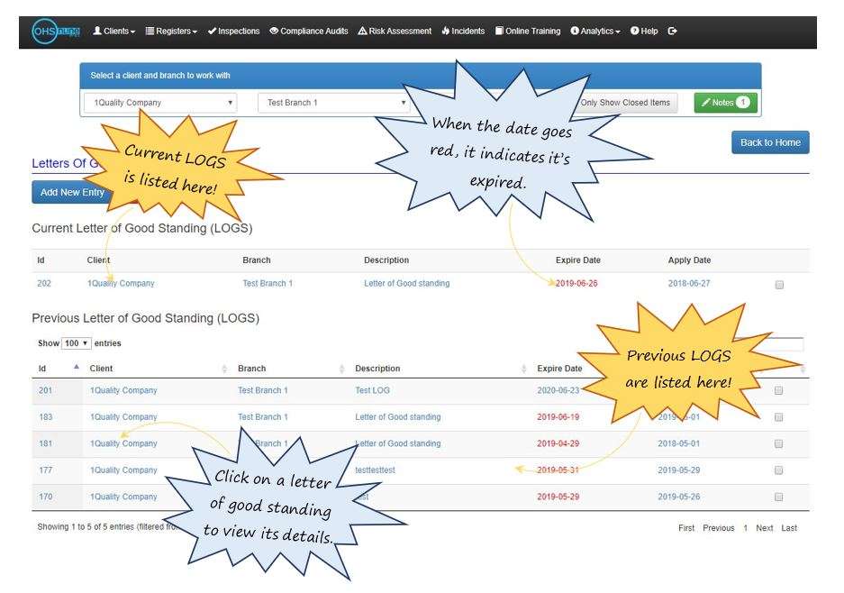 What does the Letters of Good Standing register do in OHS Online? What does the Letters of Good Standing register do in OHS Online?