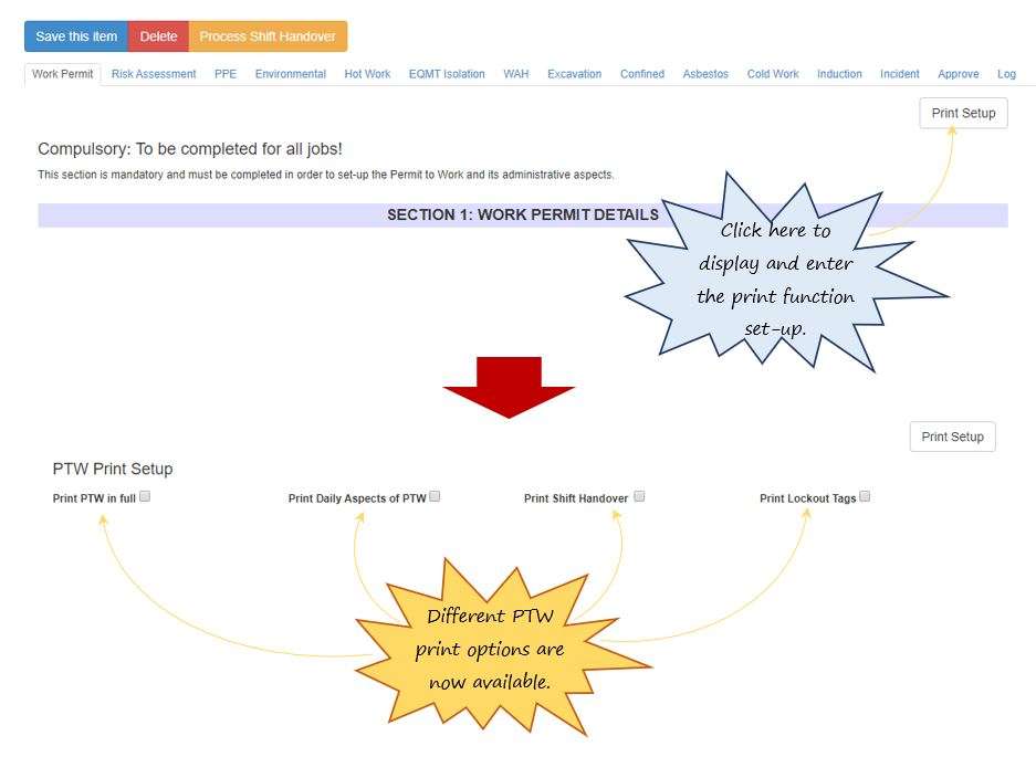 Where do I find the print function in the PTW on OHS Online? Where do I find the print function in the PTW on OHS Online?