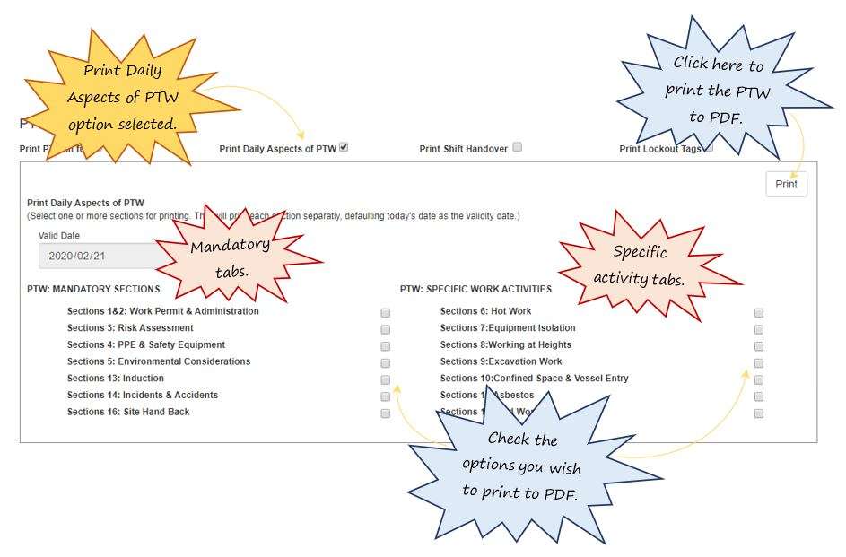 How do I print selected parts of the PTW in the Work Permit tab of the PTW, in OHS Online? How do I print selected parts of the PTW in the Work Permit tab of the PTW, in OHS Online?