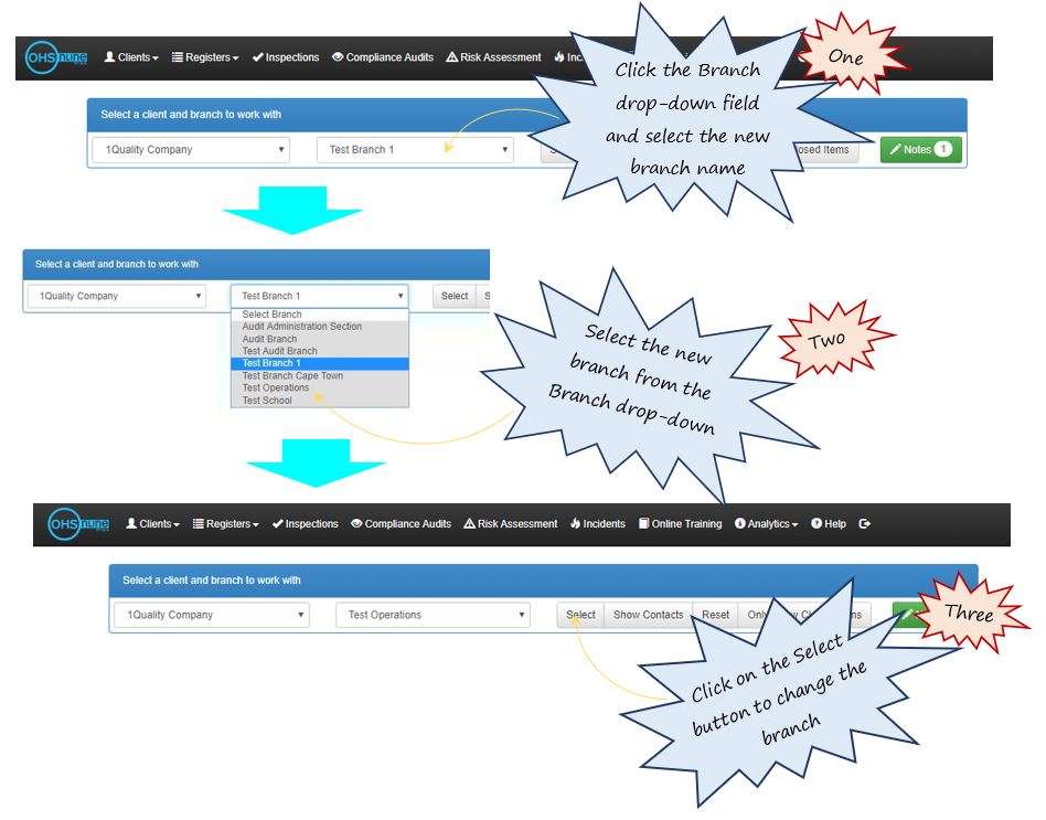 Do I need to logout and log back in again to change from one branch to another in OHS Online? Do I need to logout and log back in again to change from one branch to another in OHS Online?