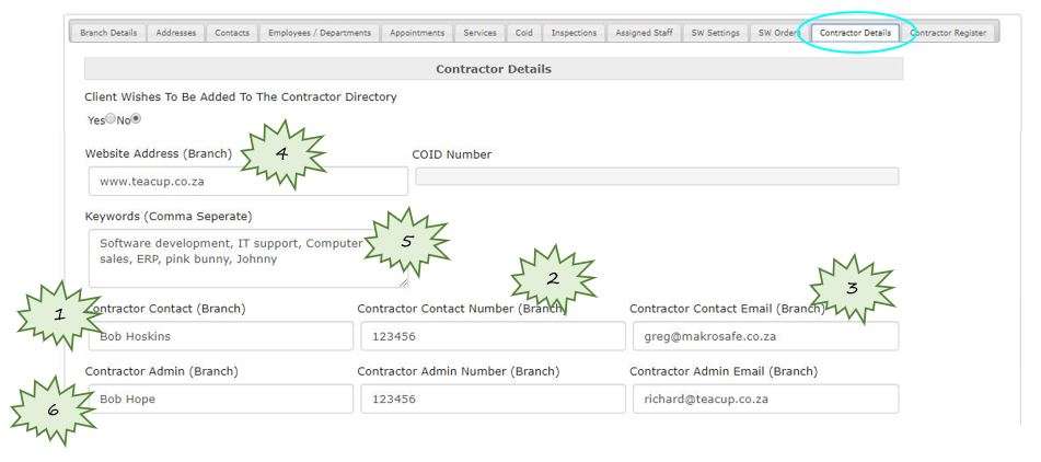 What details do I need to give to make sure my contractor profile is correct in the Contractor and Supplier Directory and what fields in OHS Online do I need to add these details to?