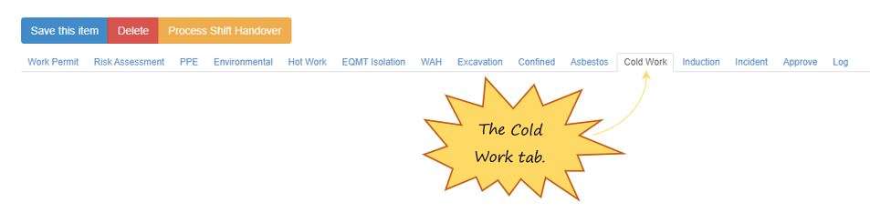 What is the Cold Work tab in the PTW on OHS Online?