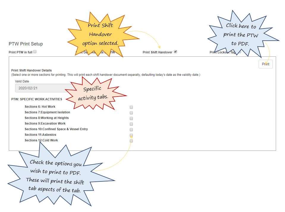 How do I print the shift details of the PTW in the Work Permit tab of the PTW, in OHS Online? How do I print the shift details of the PTW in the Work Permit tab of the PTW, in OHS Online?