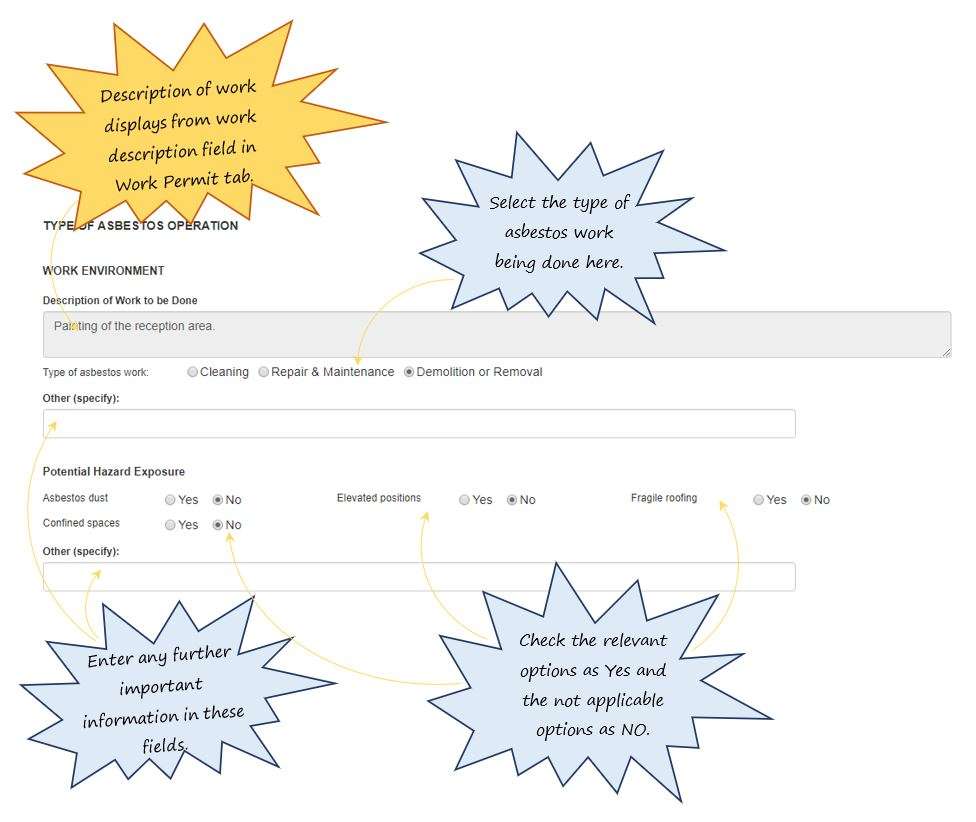 How do I complete the Work Environment section of the Asbestos tab, in OHS Online? How do I complete the Work Environment section of the Asbestos tab, in OHS Online?