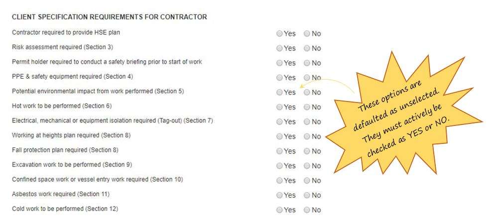 Why is it important to answer check options correctly as YES or NO in the PTW, in OHS Online? Why is it important to answer check options correctly as YES or NO in the PTW, in OHS Online?