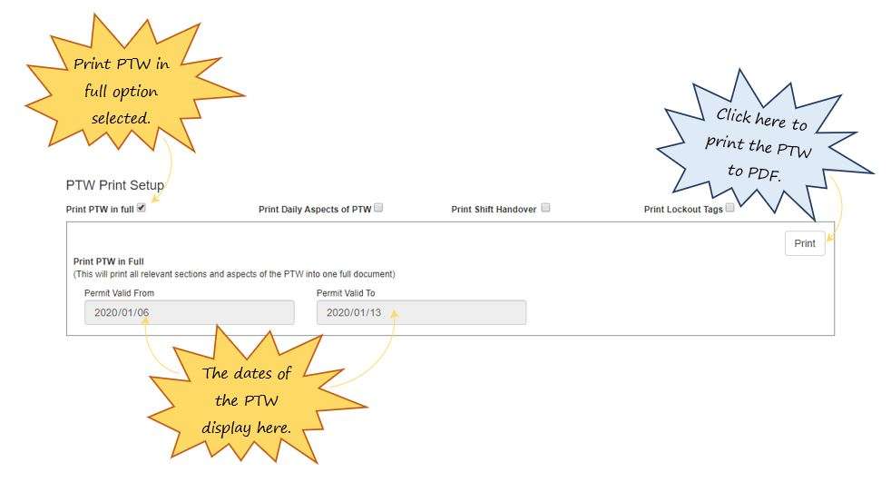 How do I print the PTW in full in the Work Permit tab of the PTW, in OHS Online? How do I print the PTW in full in the Work Permit tab of the PTW, in OHS Online?