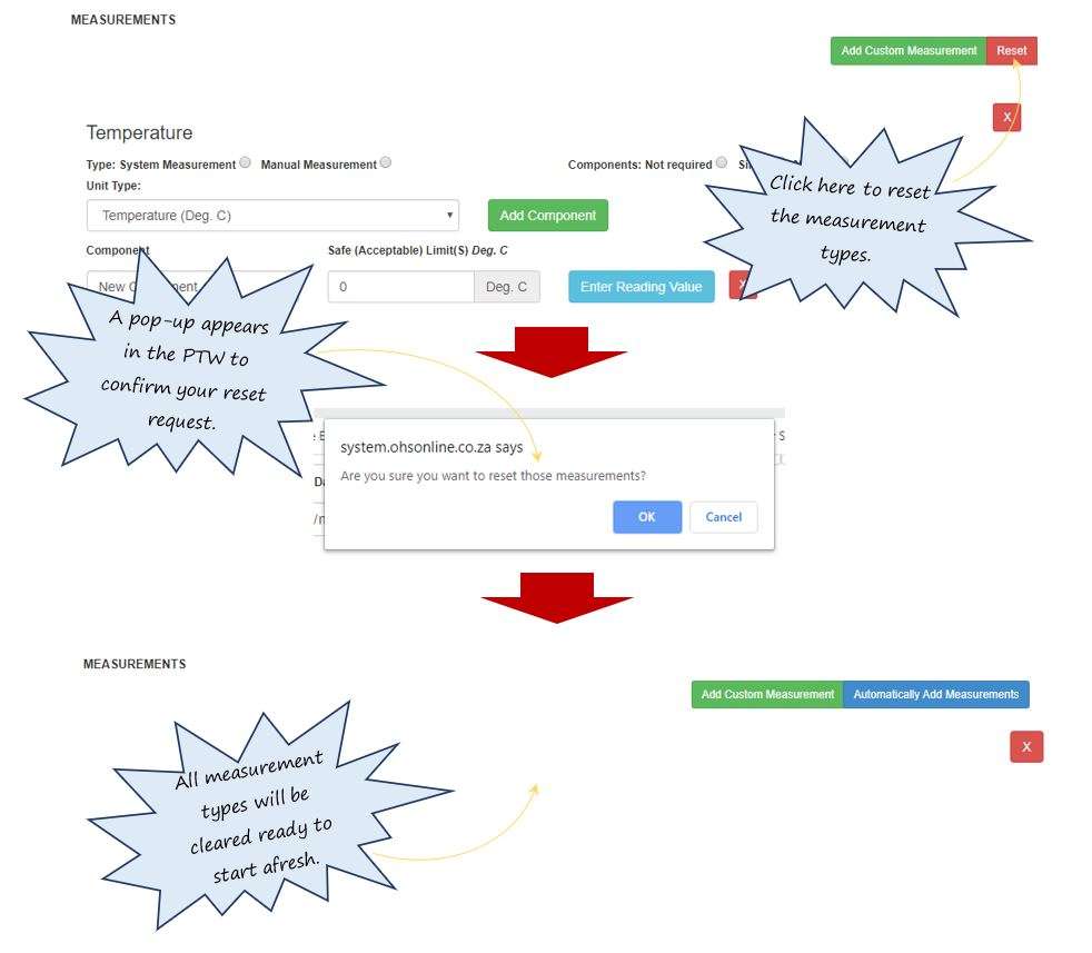 In OHS Online, what does the Reset button do in the Measurement Details section in the vessel specific precautions section? In OHS Online, what does the Reset button do in the Measurement Details section in the vessel specific precautions section?