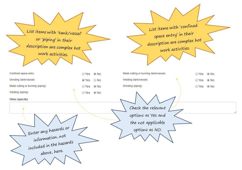 How do I complete the Work Environment section of the Hot Work tab, in OHS Online? How do I complete the Work Environment section of the Hot Work tab, in OHS Online?